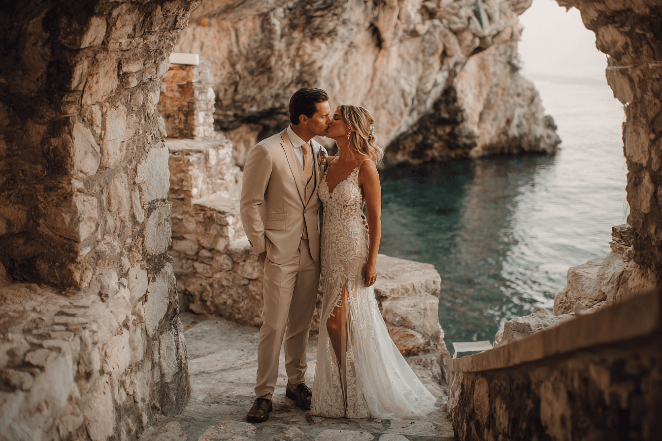 Bride on pier overlooking water at destination wedding